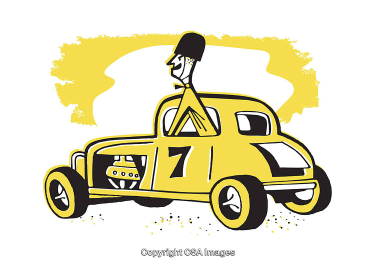 Colorful Illustration of a Retro Race Car and Driver in Vibrant Yellow Hues