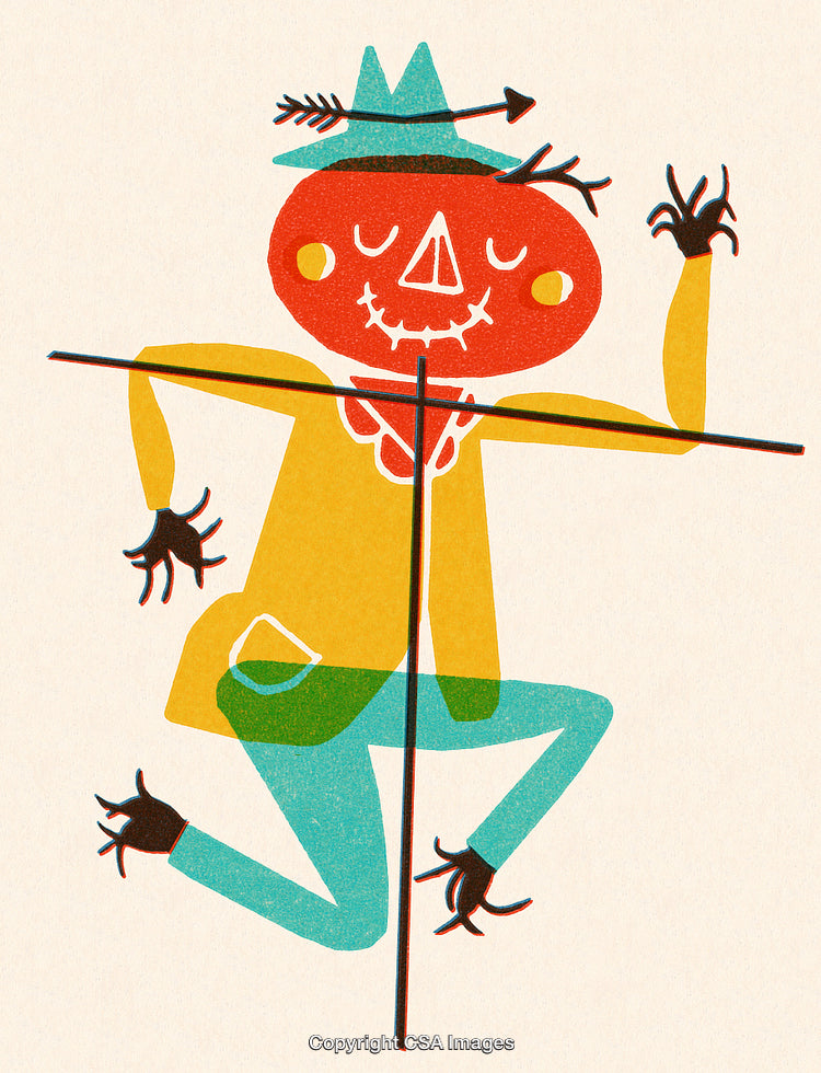 Illustration of a Playful Scarecrow with Bright Colors and Autumn Theme
