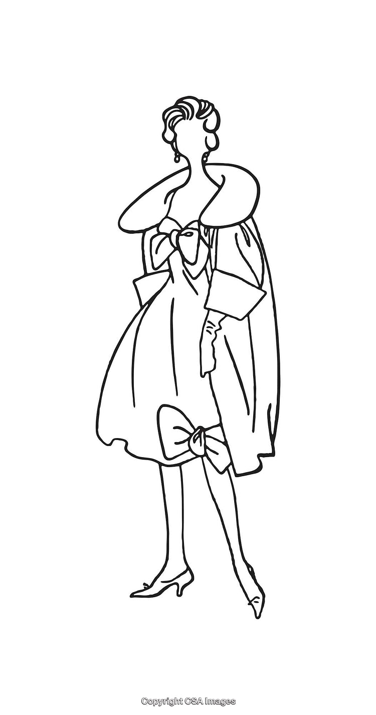 Elegant Line Art of Woman in Stylish Dress and Bow Details