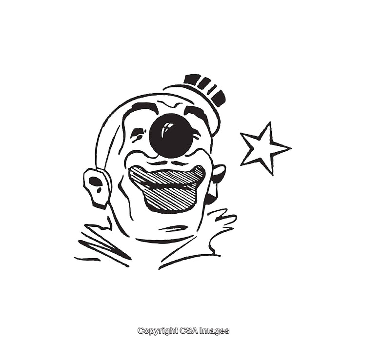 Black-and-White Line Art Illustration of a Clown with a Star