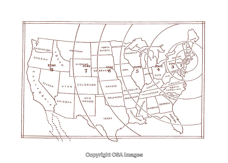 United States Map with Postal Zones Illustrated in Diagram Format