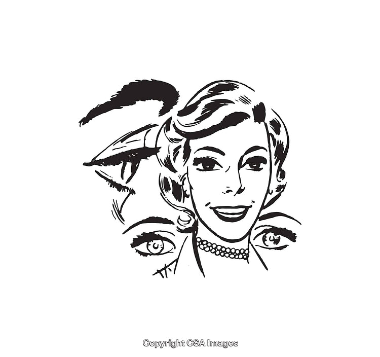Black and White Retro Line Art Illustration of a Smiling Woman