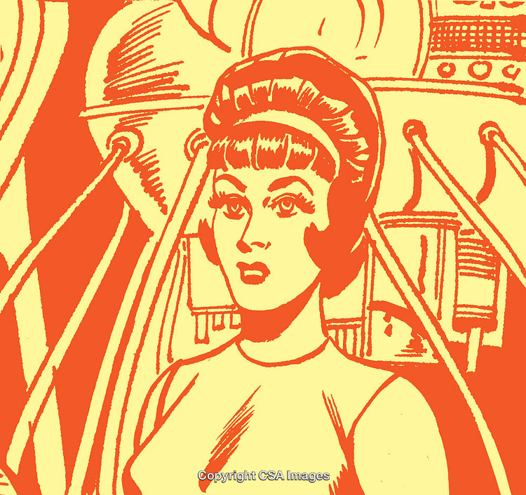 Retro Illustration of a Woman in a Futuristic Space Setting