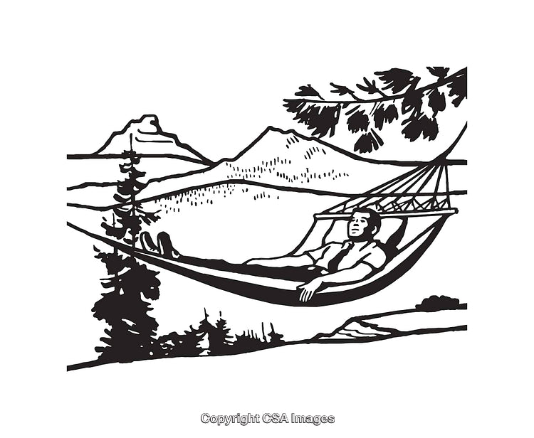 Relaxing in a Hammock with Mountain and Tree Views in Black and White