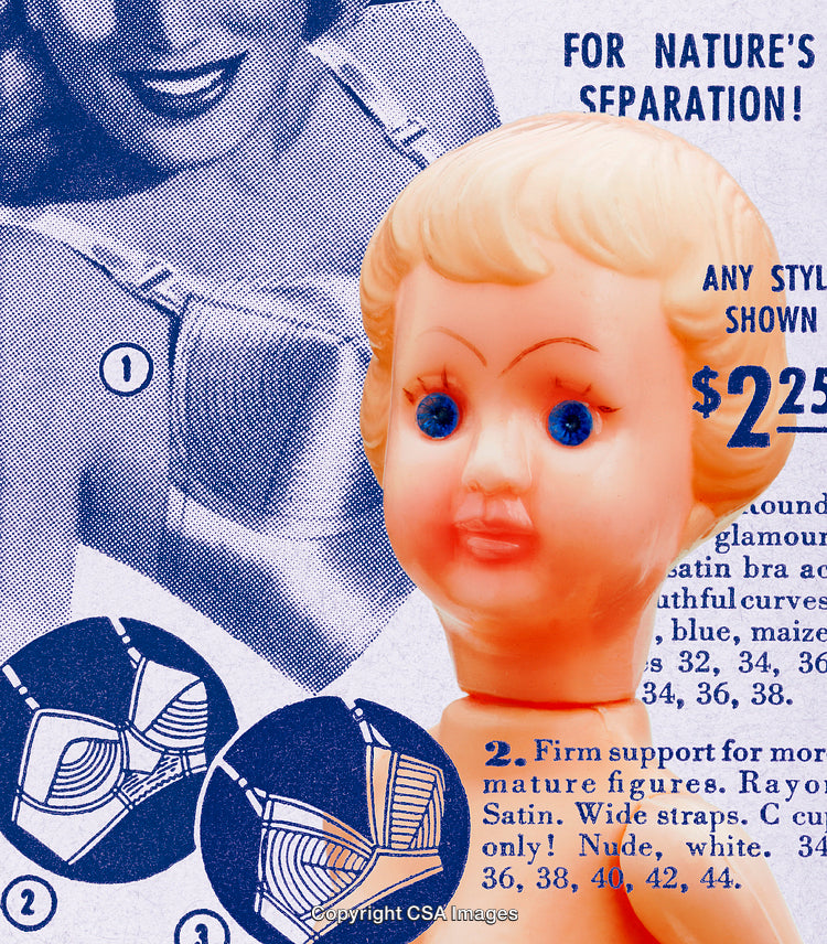 Vintage Advertisement with Retro Doll and Fashion Illustrations