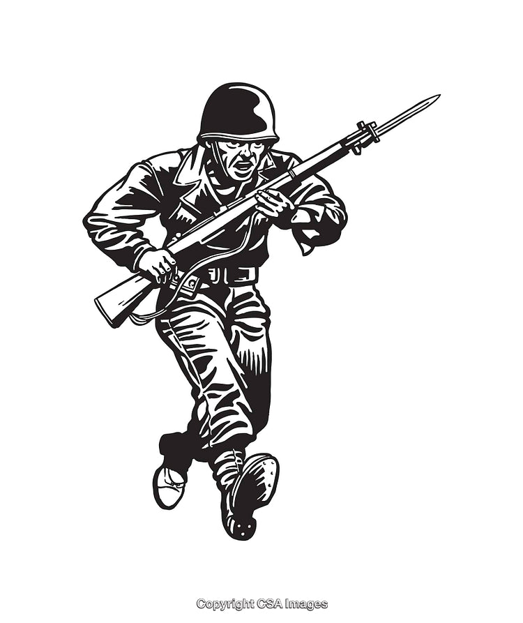 Line Art Drawing of a Soldier Charging with Rifle