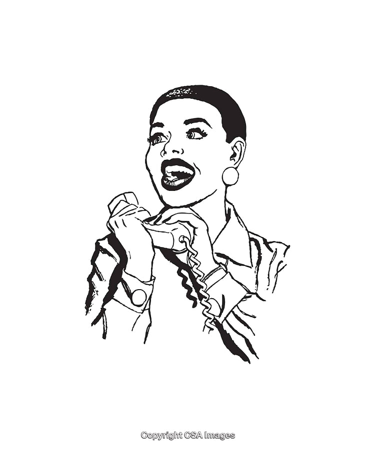 Retro Style Line Art of Woman Talking on Corded Telephone