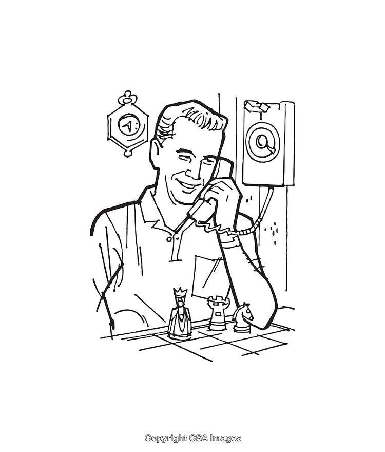 Vintage Illustrated Man on a Phone with Chess Pieces on a Table
