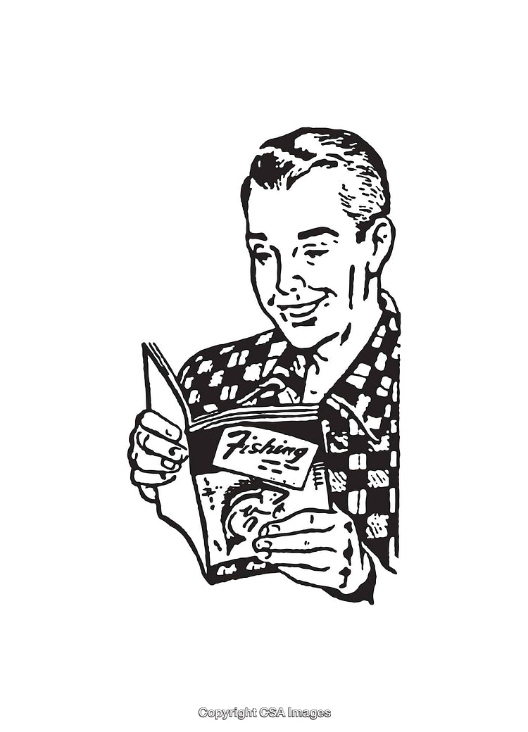 Retro Style Illustration of a Man Reading a Fishing Magazine