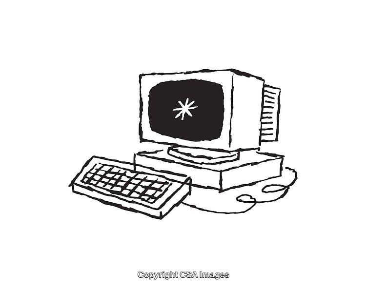 Retro Black and White Line Art Illustration of a Vintage Desktop Computer