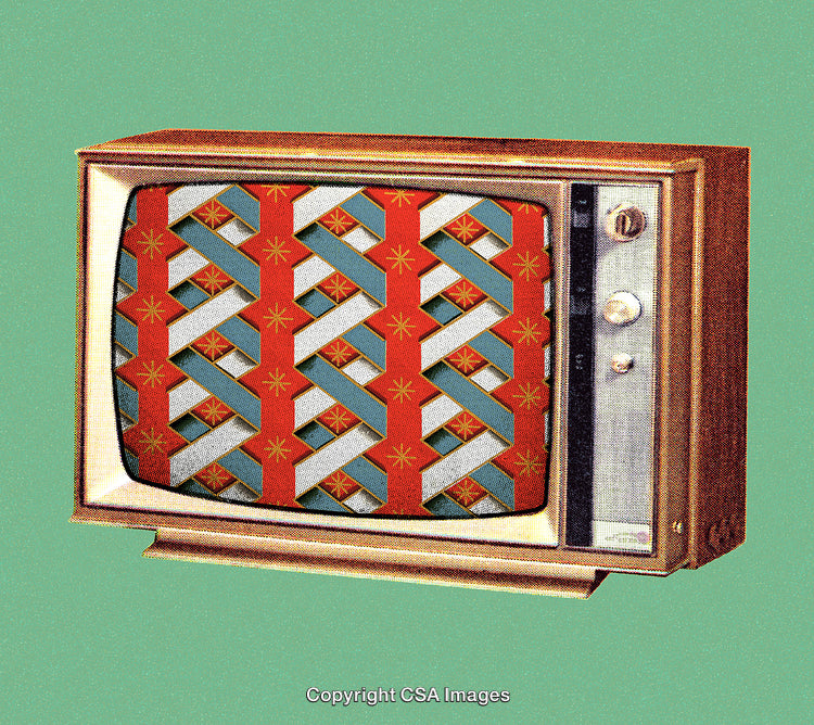 Vintage Television Displaying Colorful Retro Geometric Pattern on Green Background