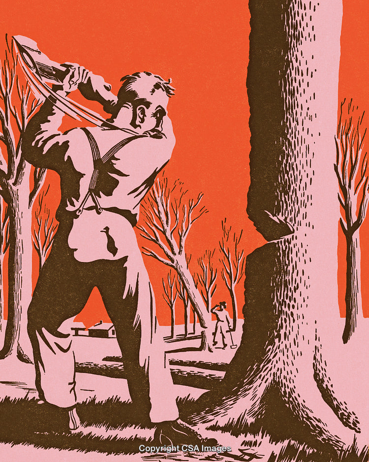Man Chopping Down Tree in Rustic Outdoor Scene with Retro Illustration Style