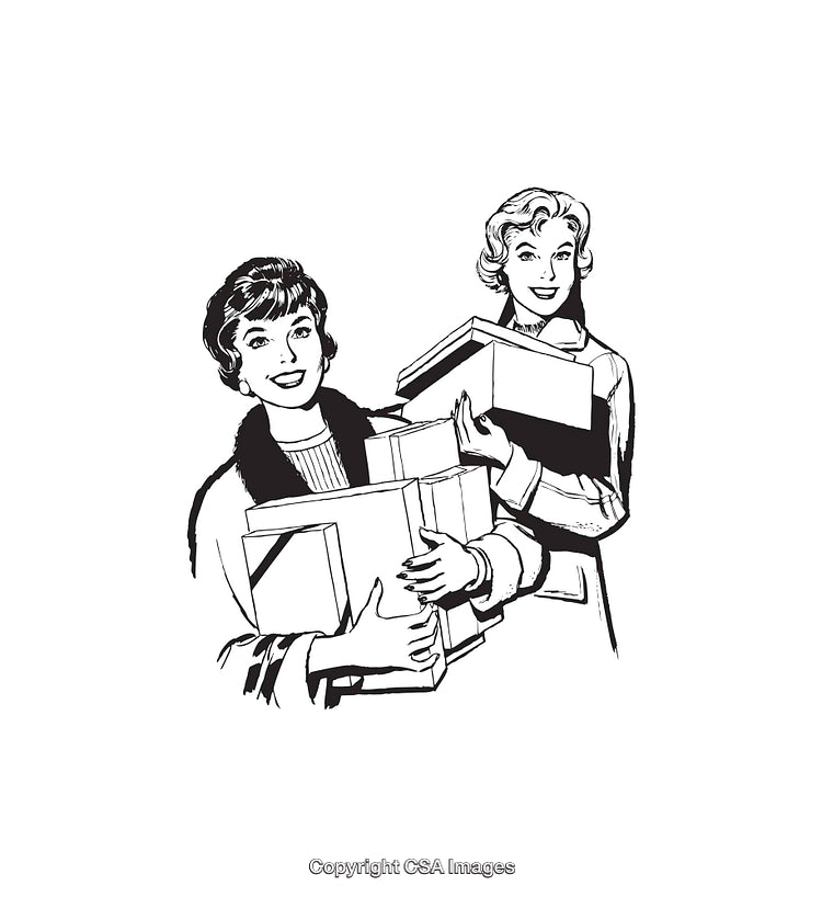 Retro Black and White Illustration of Women Shopping With Gifts and Joyful Expressions