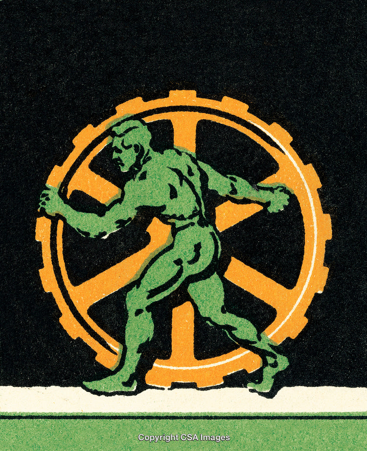 Vintage Illustration of a Strongman Turning a Giant Industrial Gear Wheel
