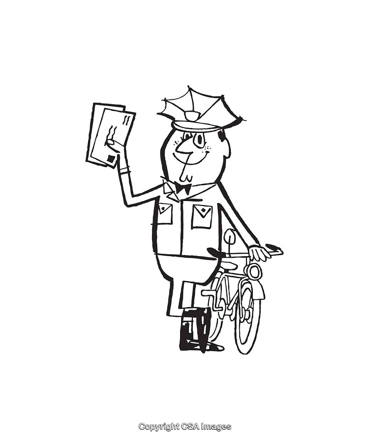 Vintage Black and White Line Art of a Postman with Bicycle