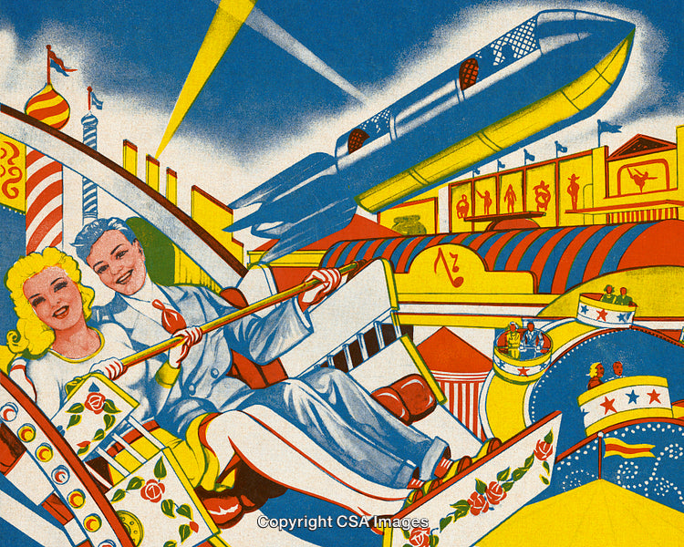Colorful Vintage Fairground Scene Featuring Ride and Rocket Attraction