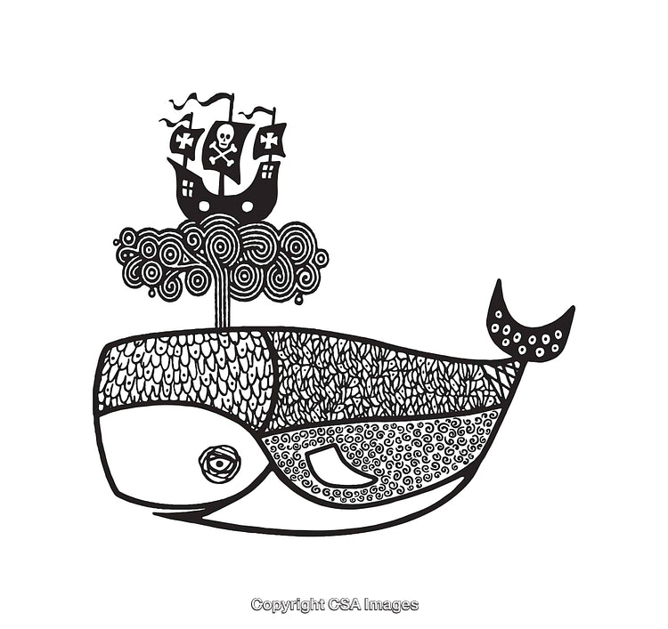 Black and White Line Art of a Whale with a Pirate Ship