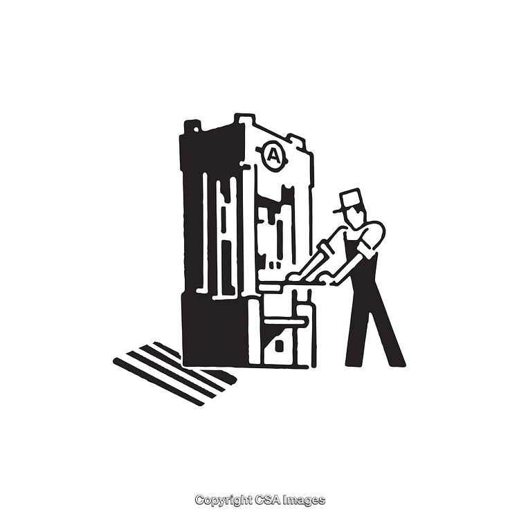 Black and White Illustration of Worker Operating Industrial Machine