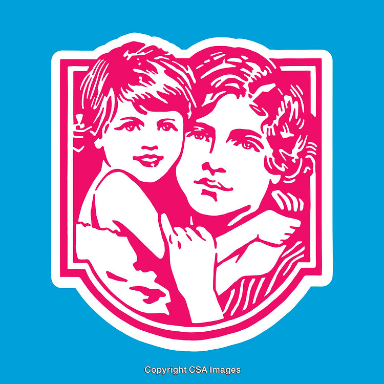 Illustration of Mother and Child in Pink and Blue Tones