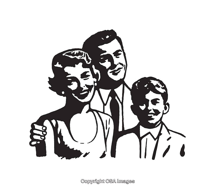 Vintage Black and White Line Art of a Happy Family Portrait