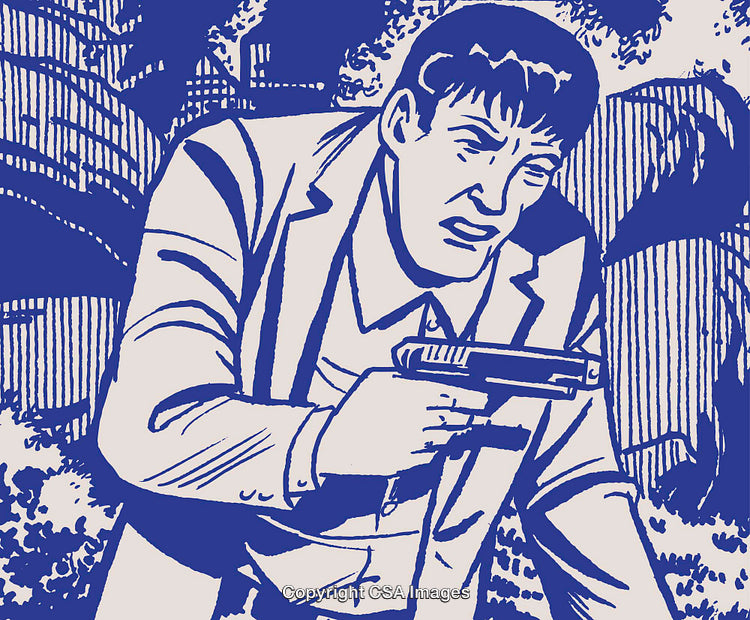 Retro Illustration of a Detective Holding a Pistol in a Suspenseful Scene