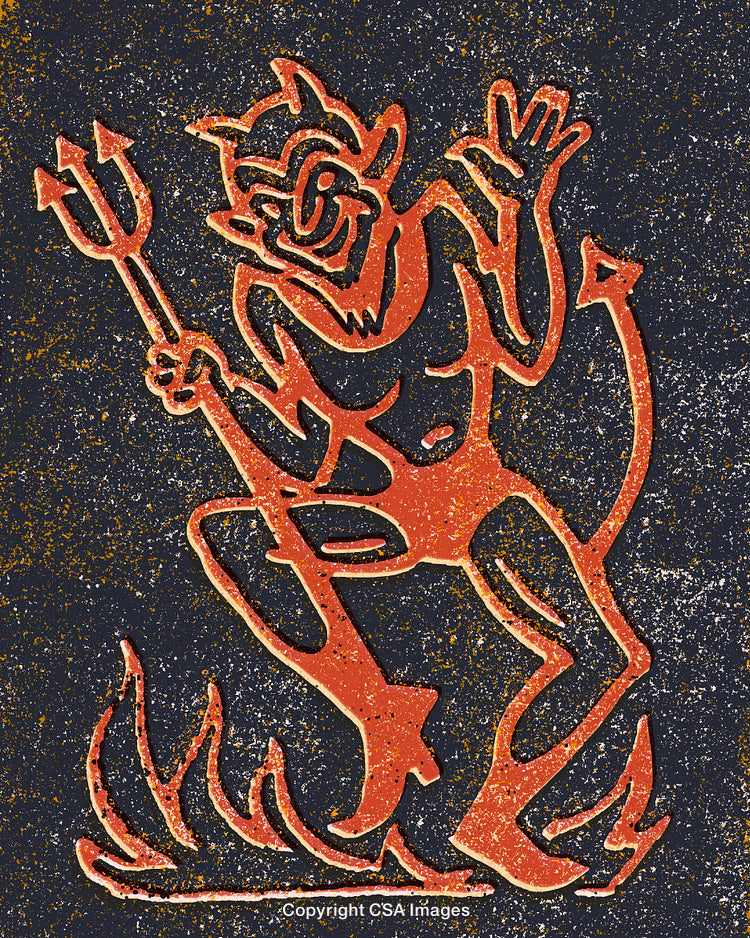 Retro Style Devil Illustration with Pitchfork in Vintage Distressed Effect