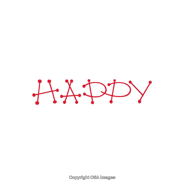 Red Happy Word Art with Minimalist Line Design on White Background