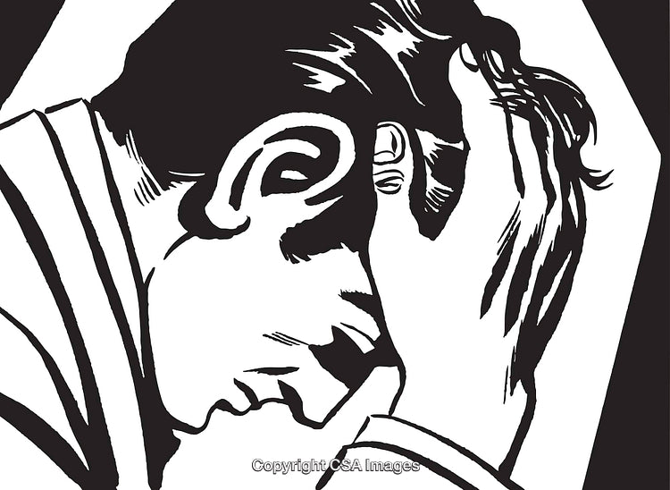 Black and White Illustration of a Pensive Man in Thoughtful Pose