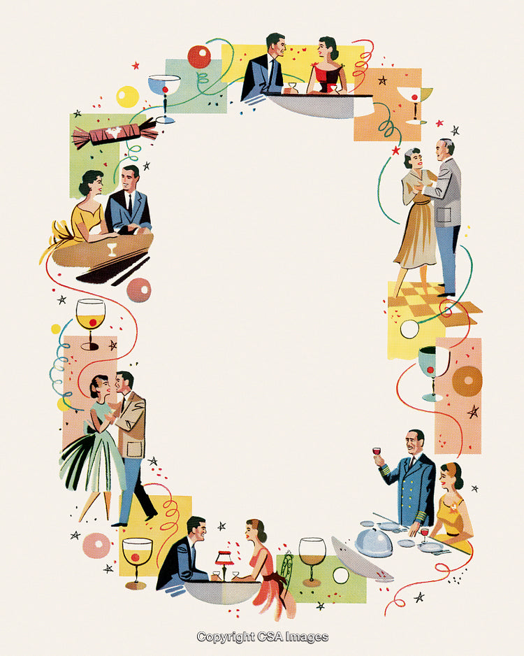 Elegant Retro-Style Illustration Featuring Couples in Social Scenes and Celebrations