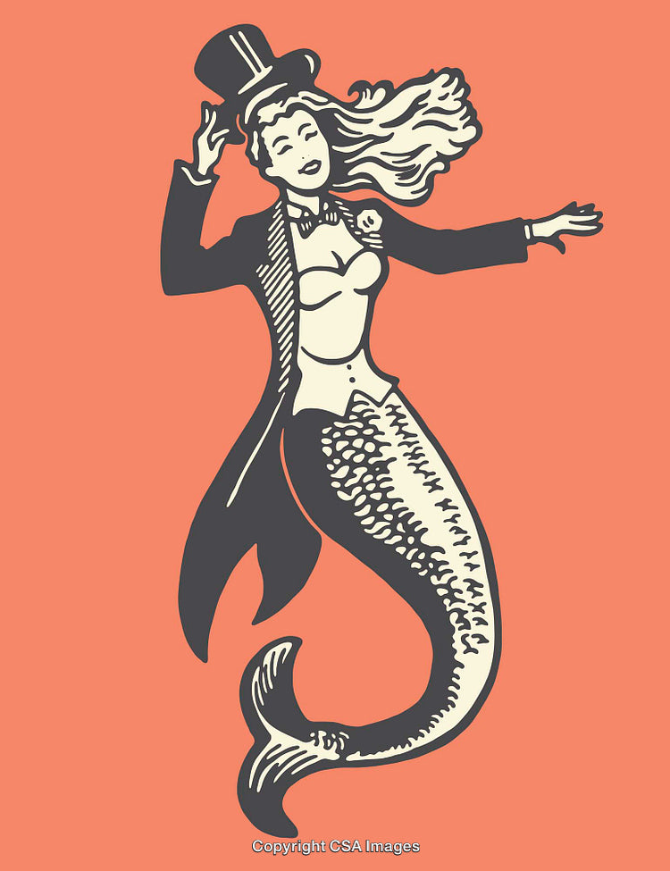Vintage Style Mermaid Illustration Wearing Tuxedo and Top Hat