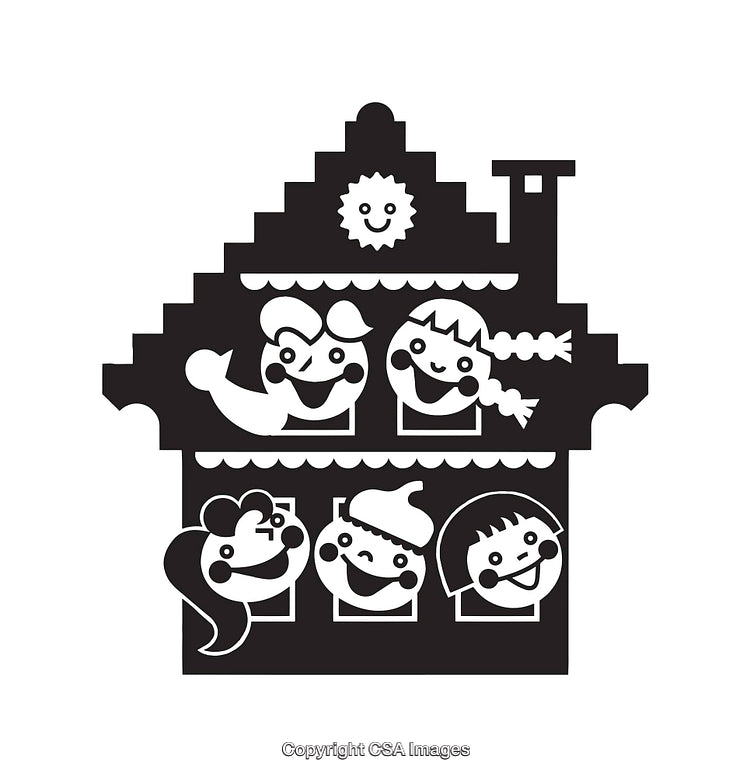 Black and White Illustration of a House with Happy Faces Inside