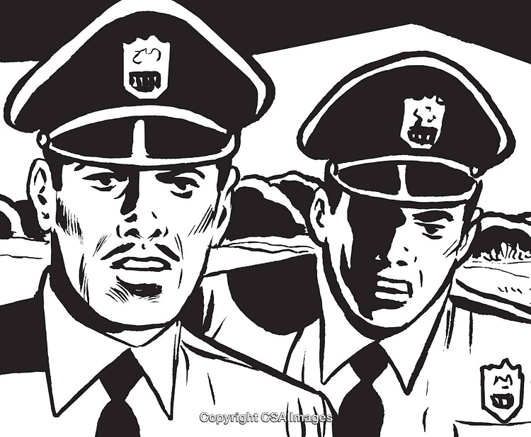 Monochrome Illustration of Two Police Officers in Vintage Comic Style