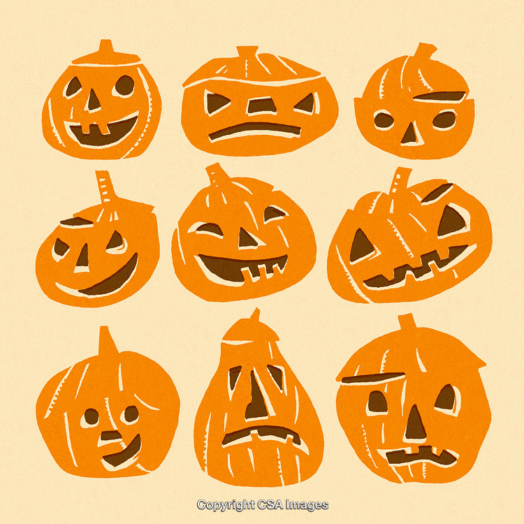 Set of Nine Hand-Drawn Grinning Pumpkin Faces in Orange on Light Background