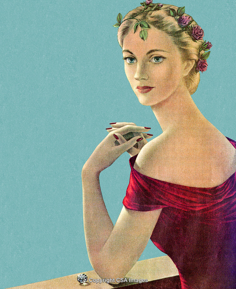Elegant Portrait of a Woman in a Red Dress with Floral Hair Design