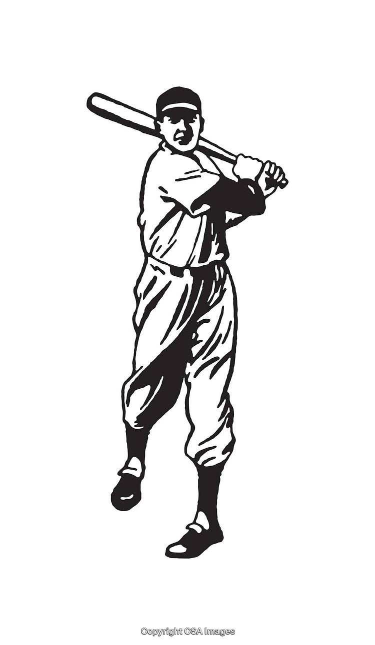 Vintage Black and White Baseball Player Illustration Holding a Bat