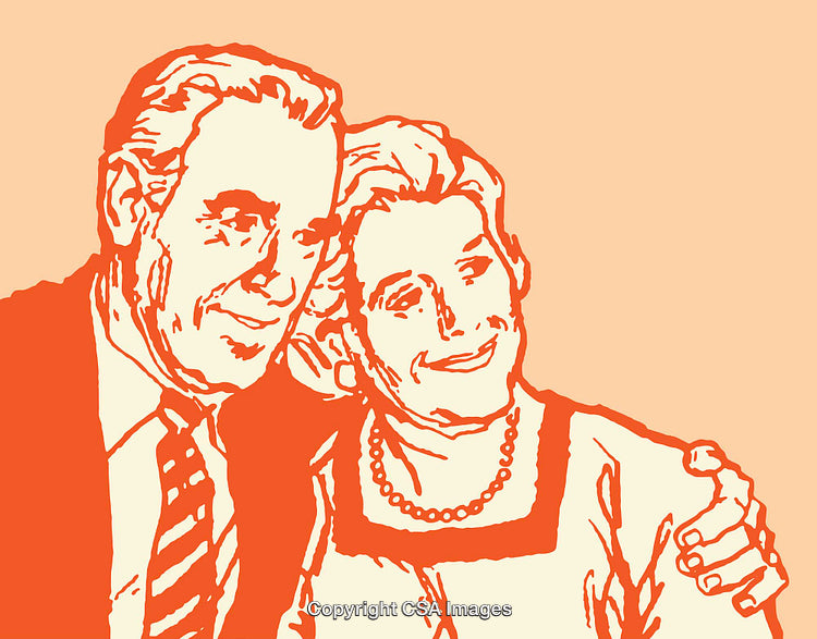 Illustrated Portrait of Smiling Elderly Couple Embracing with Warm Tones