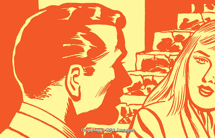Vintage Stylized Illustration of a Man and Woman in Conversation