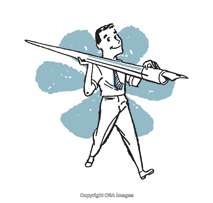 Retro Styled Illustration of Man Carrying Giant Fountain Pen