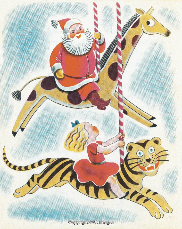 Vintage Illustration of Santa and Girl on Carousel Animals with Festive Joy