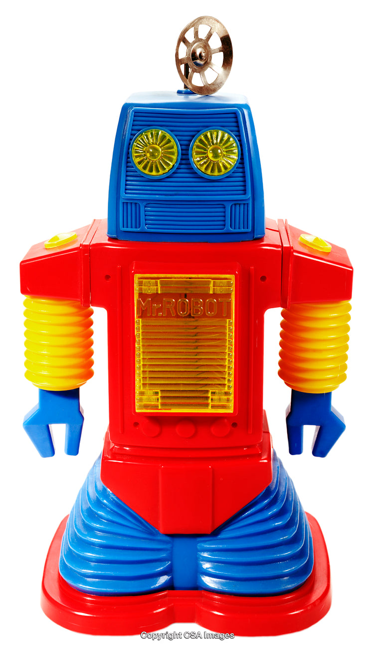 Colorful Retro Toy Robot With Yellow Details and Mechanical Features
