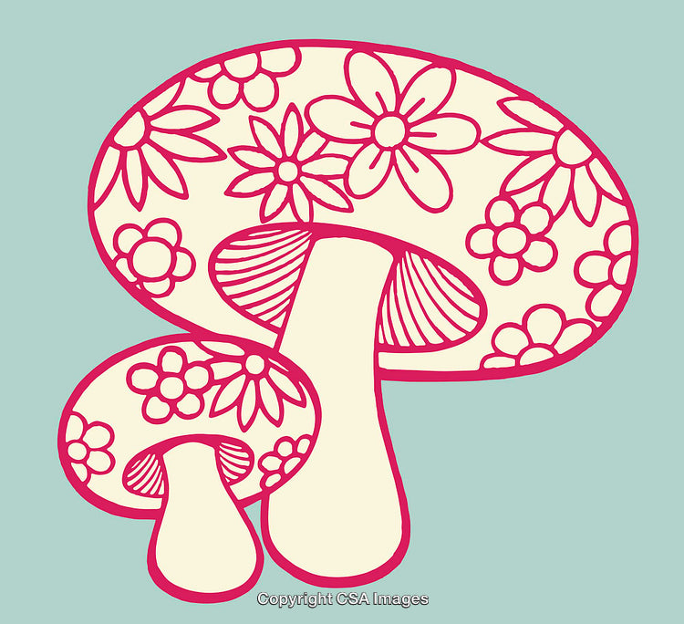 Floral Patterned Mushroom Illustration with Stylized Line Art Design