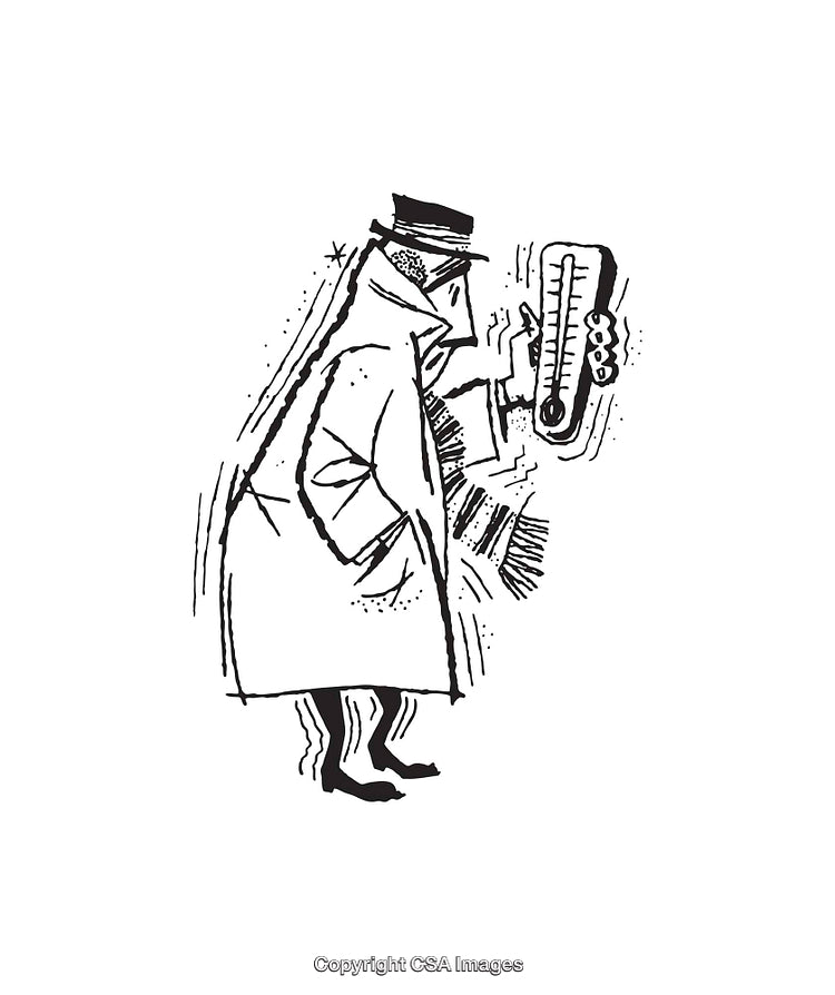 Black And White Illustration of a Shivering Person With a Thermometer
