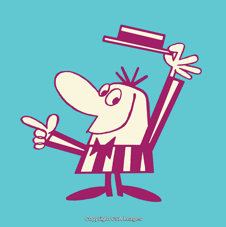 Cartoon Character Tipping Hat With Friendly Gesture on Blue Background