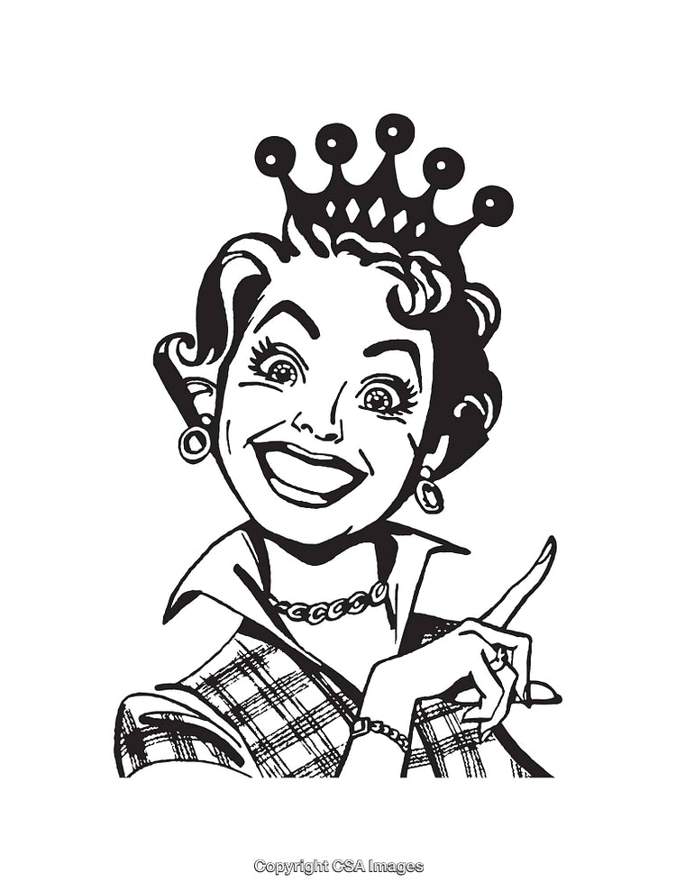 Retro Black and White Illustration of a Smiling Woman Wearing a Crown