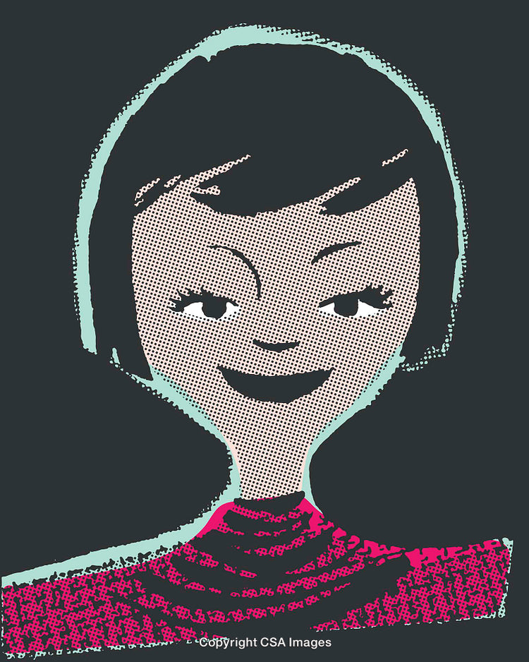 Retro-Inspired Line Art Portrait of Smiling Woman in Pop Art Style