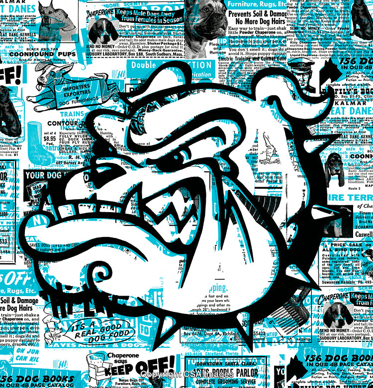 Artistic Bulldog Illustration with Retro Typography and Bold Graphic Overlays