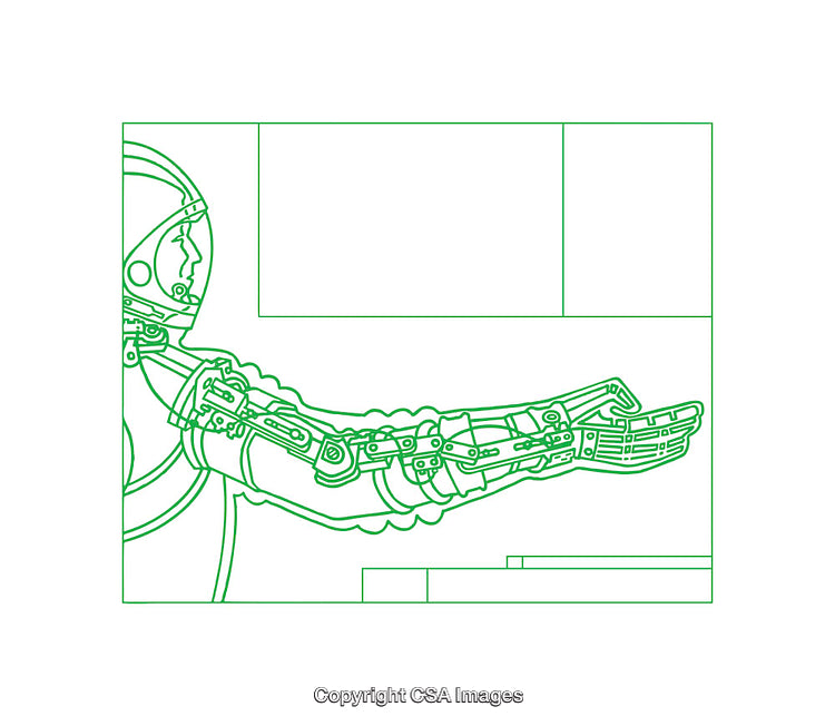 Line Art Diagram of Astronaut with High-Tech Robotic Arm