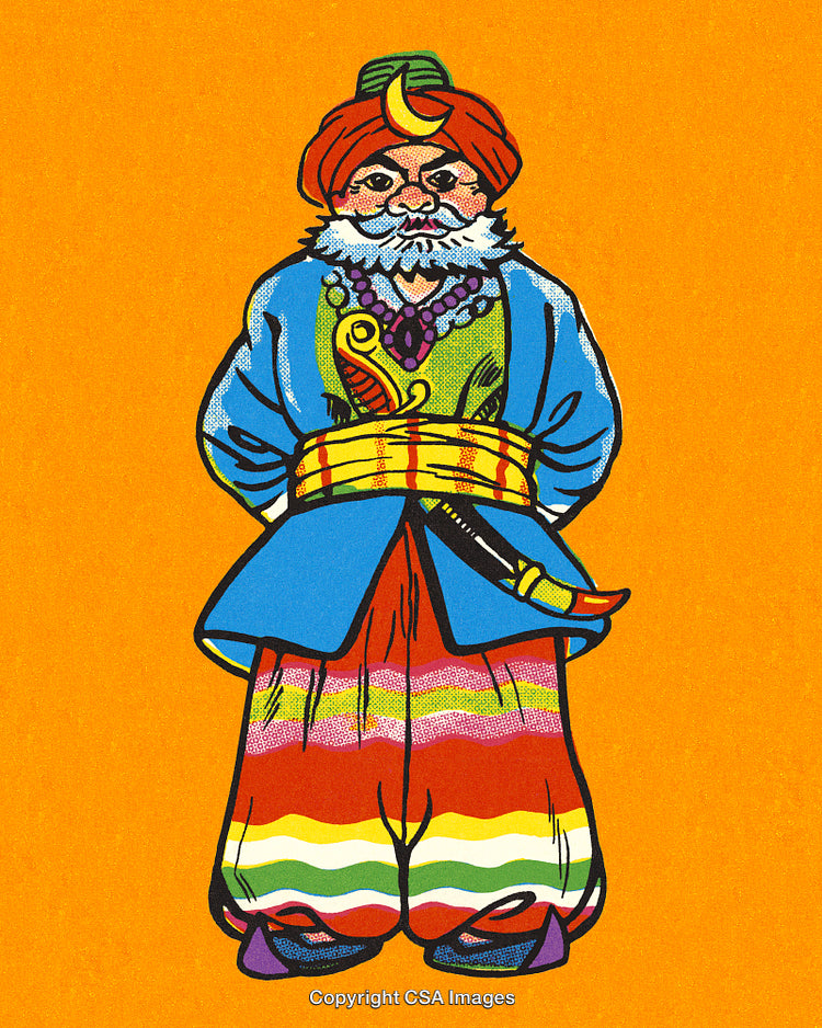 Traditional Illustration of a Colorfully Dressed Figure on a Vibrant Background