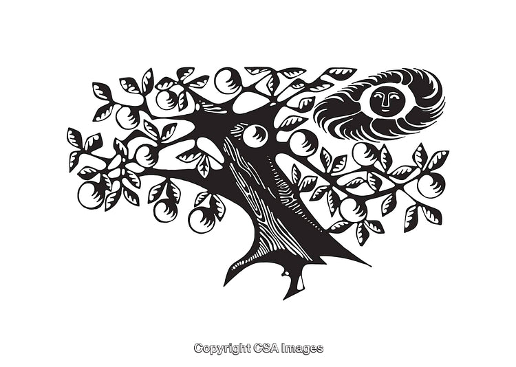 Black and White Line Art of Tree and Wind Face Symbol