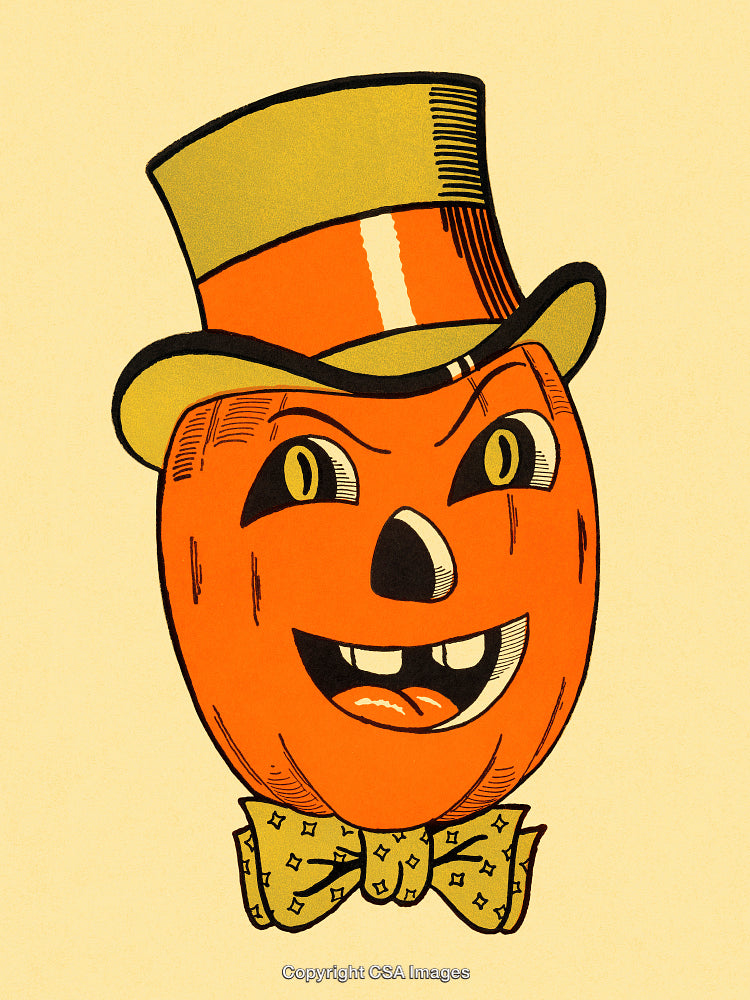 Vintage Illustration of a Pumpkin Halloween Character With Top Hat and Bow Tie